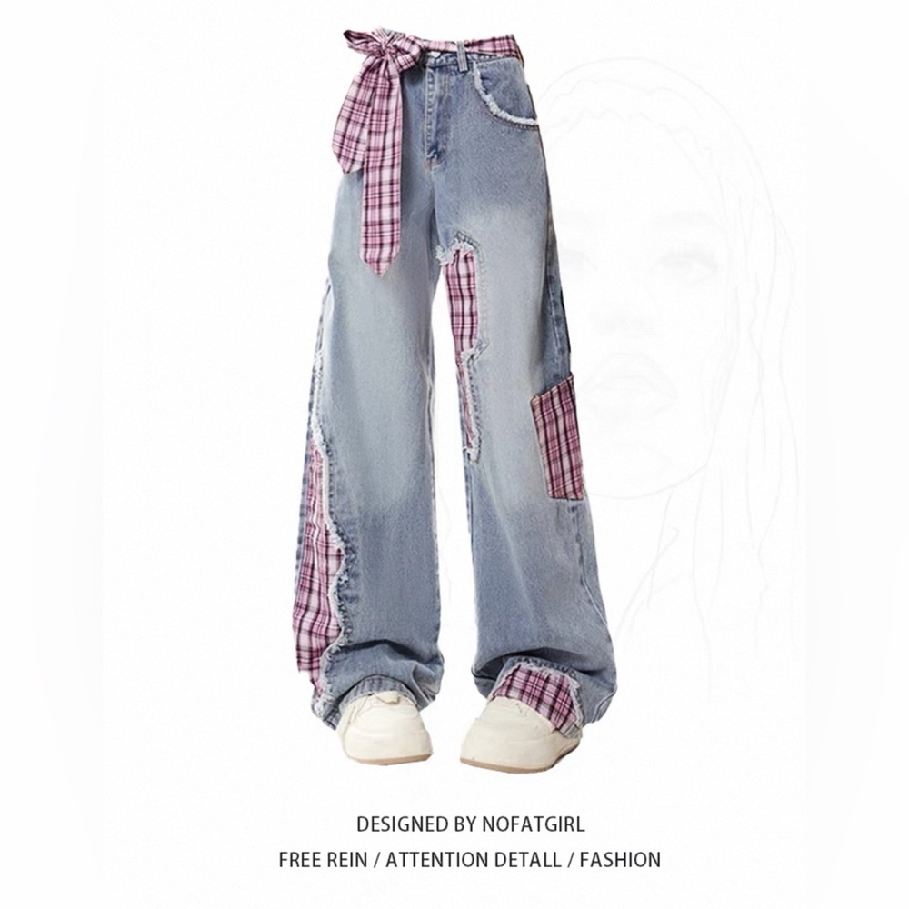 Blue and Pink Flare Wide Leg Jeans with Unique Design